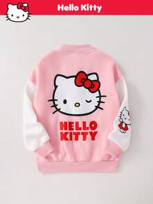 HELLO KITTY AND FRIENDS | SHEIN 少女休闲日常舒适卡通字母图案棒球领撞色袖纽扣保暖外套 - 彩色 - 查看 1