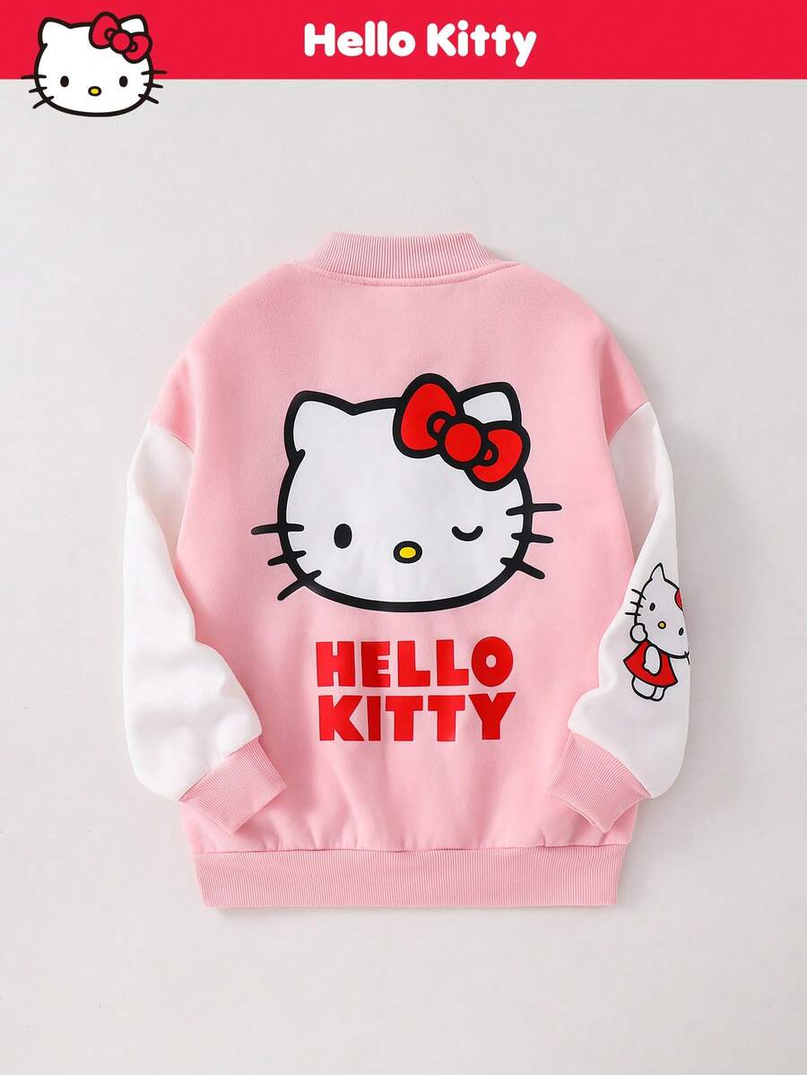HELLO KITTY AND FRIENDS | SHEIN 少女休闲日常舒适卡通字母图案棒球领撞色袖纽扣保暖外套 - 彩色 - 查看 1