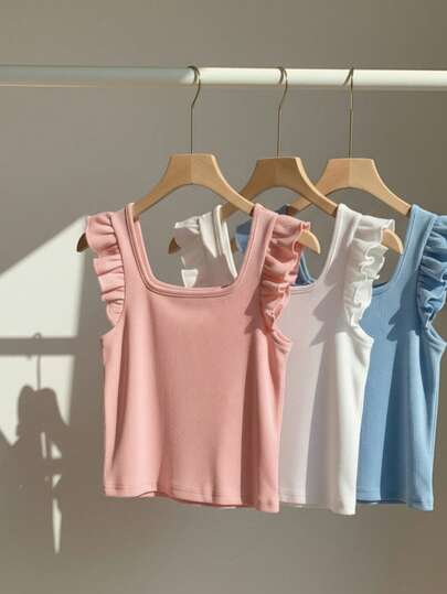 3 件套女童修身短款盖袖吊带背心，夏季女童休闲无袖背心