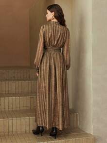 Arave 女士褶皱系带长袖连衣裙，荷叶边下摆，休闲日常穿着，数码印花条纹梭织面料 - 軍綠色 - 查看 4