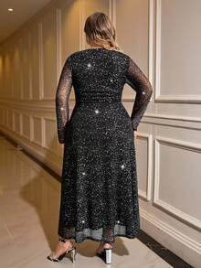 SHEIN CURVE+ Váy chữ A dài tay cổ vuông co giãn lưới bóng dáng chữ A thanh lịch dáng dài cỡ lớn dành cho nữ, thích hợp mặc vào mùa thu đông, thích hợp cho các buổi tụ họp khách và mặc ngoài trời - màu đen - Xem 2