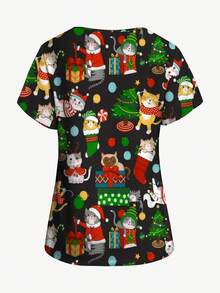 PopScrub Plus Size Women Christmas Cat Unwrapping Gift, Christmas Tree & Lights Print V-Neck Short Sleeve Tunic Top With Pockets And Ear Loops, Fashion Nurse Uniform