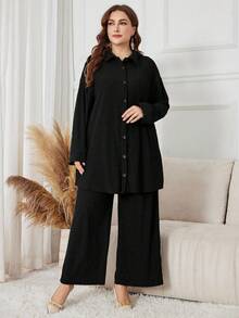 Lacomfia Plus Size Women Casual Commuting Simple Solid Color Drop Shoulder Loose Button Front Shirt And Wide Leg Pants 2 Piece Set - Black - View 3