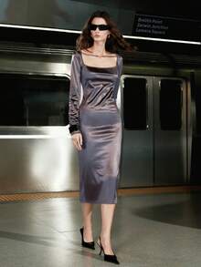 SHEIN ChicEase Dark Grey Autumn Seksi Chic Night Out Square Neck Metal Buckle Extra Long Sleeve Slit Midi Silky Satin Dress Elegant Knit Dress - Grey - View 2