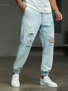 Manfinity Homme Men's Drawstring Waist Pocket Distressed Casual Tapered Jeans