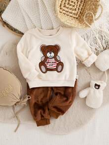 SHEIN 2pcs Baby Boy Autumn/Winter Colorblock Cute Cartoon Bear Plush Fabric Loose Top + Colorblock Loose Pants Sweatsuit Set - Brown - View 4