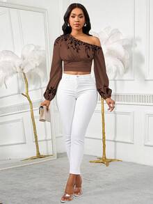 SHEIN Unity 女士时尚斜肩灯笼袖松紧袖口收腰上衣，度假花卉印花休闲通勤装 - 彩色 - 查看 6