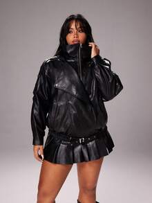 Rustia Jachetă de piele pentru motocicletă, stil stradal, stil casual, croială lejeră, mărime plus, toamnă - Negru - Vizualizare 3