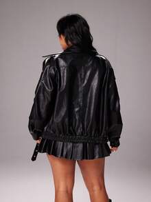 Rustia Jachetă de piele pentru motocicletă, stil stradal, stil casual, croială lejeră, mărime plus, toamnă - Negru - Vizualizare 5