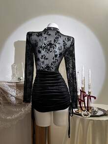 Elamini Đầm lưới đen dự tiệc phong cách Trung Hoa dành cho nữ - màu đen - Xem 1