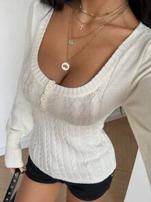 StreetHx Petite Women's Solid Color Button Decor U-Neck Casual Long Sleeve Sweater Top, Autumn/Winter