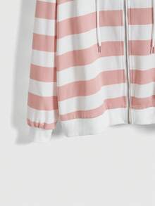 ROMWE Kawaii Cute & Soft Pink & White Contrast Striped Hooded Loose Lsweatshirtigan Sweatshirt - Multicolor - View 4