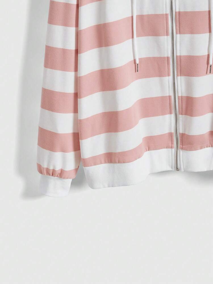 ROMWE Kawaii Cute & Soft Pink & White Contrast Striped Hooded Loose Lsweatshirtigan Sweatshirt - Multicolor - View 4