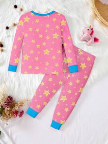 2 Piece Sets Snug Fit Pjs  Baby Girls Cute Unicorn & Star Print Knitted Elastic Fabric Soft Comfortable Glow In The Dark Long Sleeve Top And Pants 2 Pieces Pajama Set .This Product Requires UV Light Exposure To Glow. Unicorn Outfit For Girl Toddlers