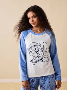 Popeye X SHEIN Women's Comfortable Cartoon Pattern Contrast Color Raglan Sleeve Top And Pants Pajama Set, Autumn Warm Flannel Pajama Set Loungewear Set , Fluffy Cozy Winter Clothes - Blue - View 4