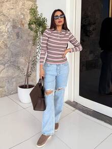 Milla Jasmine ملابس علوية بياقة طاقم مخطط بأكمام طويلة، قمصان طباعة جرافيك للمطار، ملابس أنيقة للأحد، خطوط باستيلية، عودة للمدرسة، خريف وشتاء - متعدد الألوان - مشاهدة 1