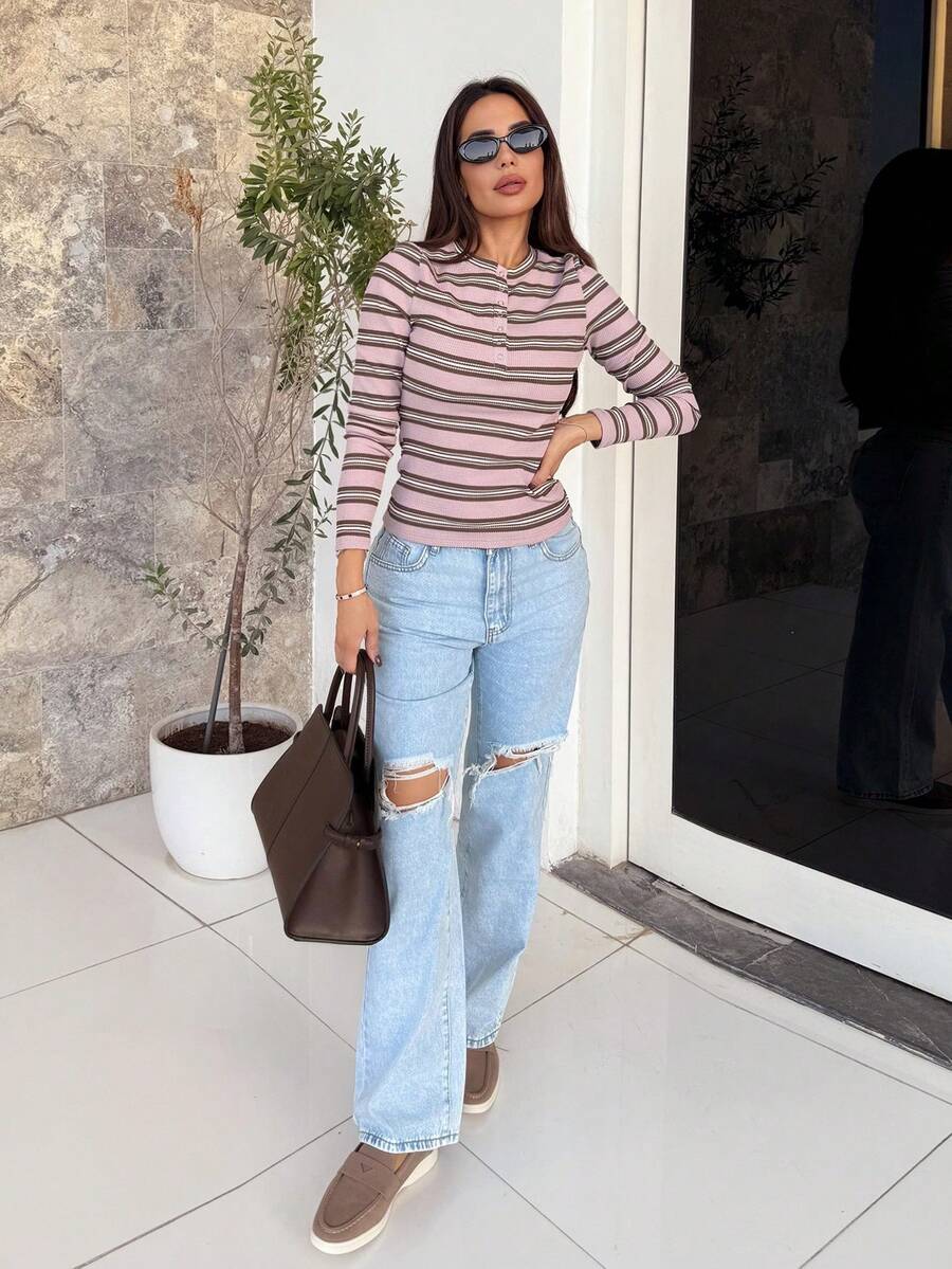 Milla Jasmine ملابس علوية بياقة طاقم مخطط بأكمام طويلة، قمصان طباعة جرافيك للمطار، ملابس أنيقة للأحد، خطوط باستيلية، عودة للمدرسة، خريف وشتاء - متعدد الألوان - مشاهدة 1