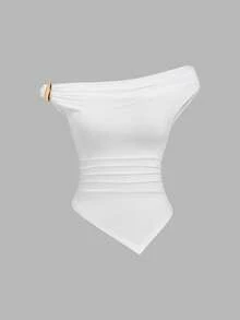 Sweetra Women's Summer European And American Fashion Solid Color 3-Piece Set, Metal Decor Twist Hem Asymmetric Hem Fitted Casual Commuter Versatile T-Shirt