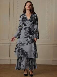 GENKIRA New Spring/Summer Large Floral Chiffon Print Multi-Layer Sexy Flared Dress - Black - View 4