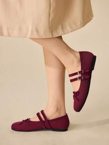CUCCOO BASICS 女士时尚玛丽珍圆头平底鞋 - 酒紅色 - 查看 4