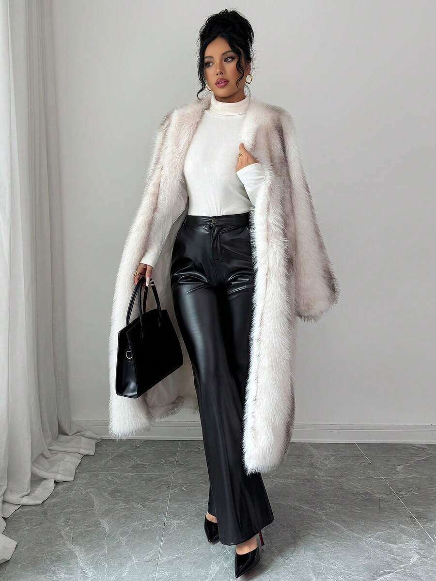 Selianne Áo khoác da giả dài thẳng không cổ lông thú thời trang thanh lịch dành cho nữ - Nhiều màu - Xem 1