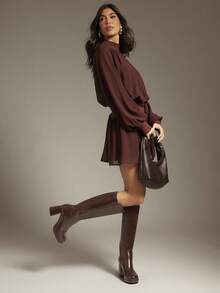 SHUZIA Bốt cao đến đầu gối đế vuông bằng da PU sang trọng, thoải mái, có khóa kéo bên trong dành cho nữ - Màu nâu Sô-cô-la - Xem 3