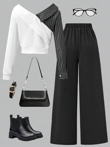 SHEIN 两件套少女时尚优雅通勤套装，纯色条纹衬衫+宽松阔腿裤 - 黑與白 - 查看 2