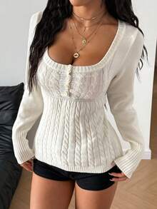 StreetHx Petite Women's Solid Color Button Decor U-Neck Casual Long Sleeve Sweater Top, Autumn/Winter