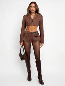 Avenya Brown Striped Low Waist Mini Shorts, Fashionable For Commuting - Brown - View 6