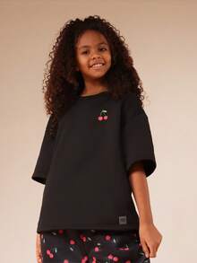 SUMWON Tween Girls Cherry Print Co-Ord Set With Oversized Top And Wide Leg Pants Casual Outfit - Black - View 3