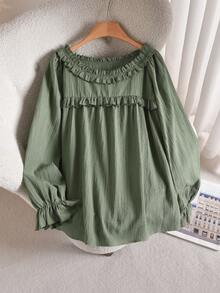 CosyJoli Plus Size Casual Ruffle Collar A-Line Smock Blouse Green - Green - View 3