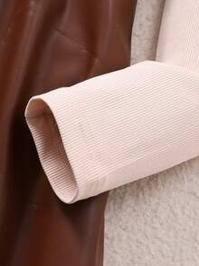 SHEIN 2pcs/Set Casual Commuting Outfit For Teens: PU Bow Skirt & Ribbed Knit Bodycon Dress - Coffee Brown - View 7