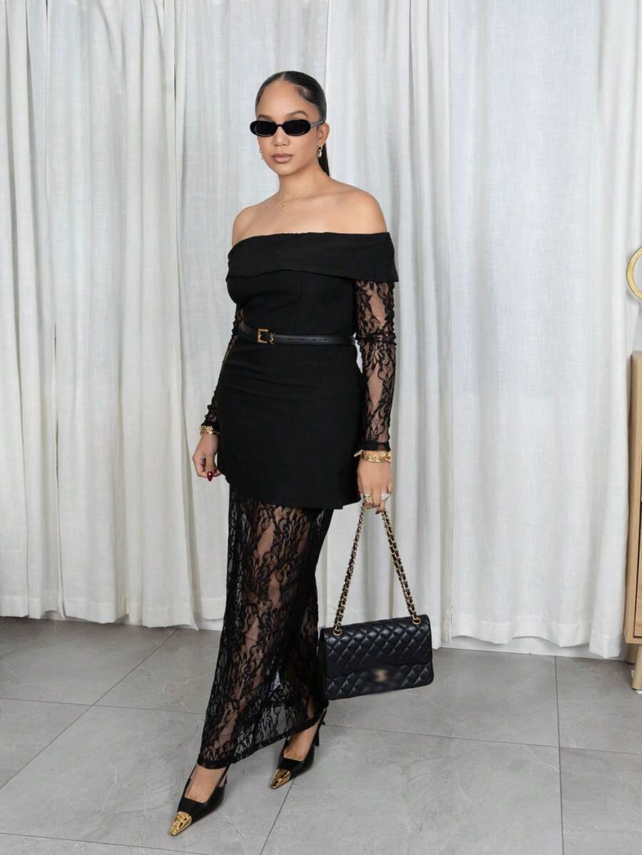 Melissa Matos New Elegant Black Lace Patchwork Dress For Women, Sexy ...