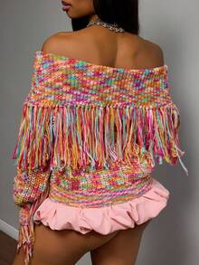 SHEIN Slayr 冬季新款，圣诞节，新年，婚礼季，情人节，生日派对，毕业季，日常出行，基础款，百搭款，休闲度假，邮轮旅行，休闲优雅，通勤，街头风，欧式风，简约风，甜辣美式风，Y2K 女士假日时尚百搭彩色流苏针织露肩上衣，修身短款百搭优雅女士毛衣 - 彩色 - 查看 4