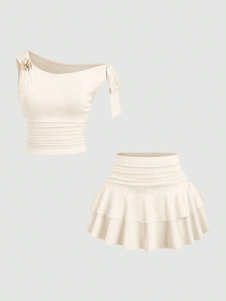 SHEIN Unity Bộ áo hai dây họa tiết hoa ánh đồng và chân váy mini xếp ly mùa hè dành cho nữ - Màu be - Xem 1