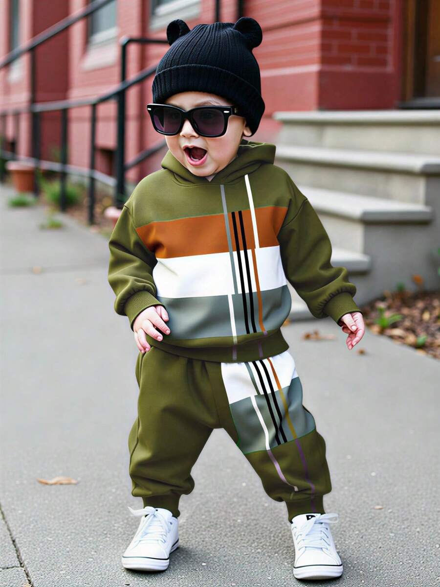 2 Stücke/Set Baby Jungen/Unisex Kleinkind 0-3J Lässig, modischer Farbblock gestreifter Sport Muster Kapuzenpullover, geeignet für Herbst/Winter Alltag, Outdoor, Alles-passend Outfit, Sportbekleidung