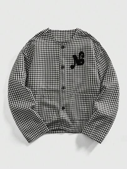 Street Life Veste sans col à manches longues, simple boutonnage, en mélange de laine, motif pied-de-poule, pour l'automne/hiver