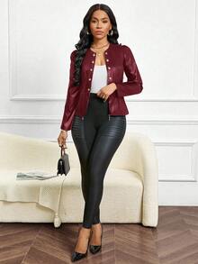 SHEIN Lady 女士PU皮机车夹克，优雅开襟黑色外套，秋冬款 - 酒紅色 - 查看 5
