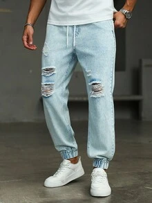 Manfinity Homme Men's Drawstring Waist Pocket Distressed Casual Tapered Jeans