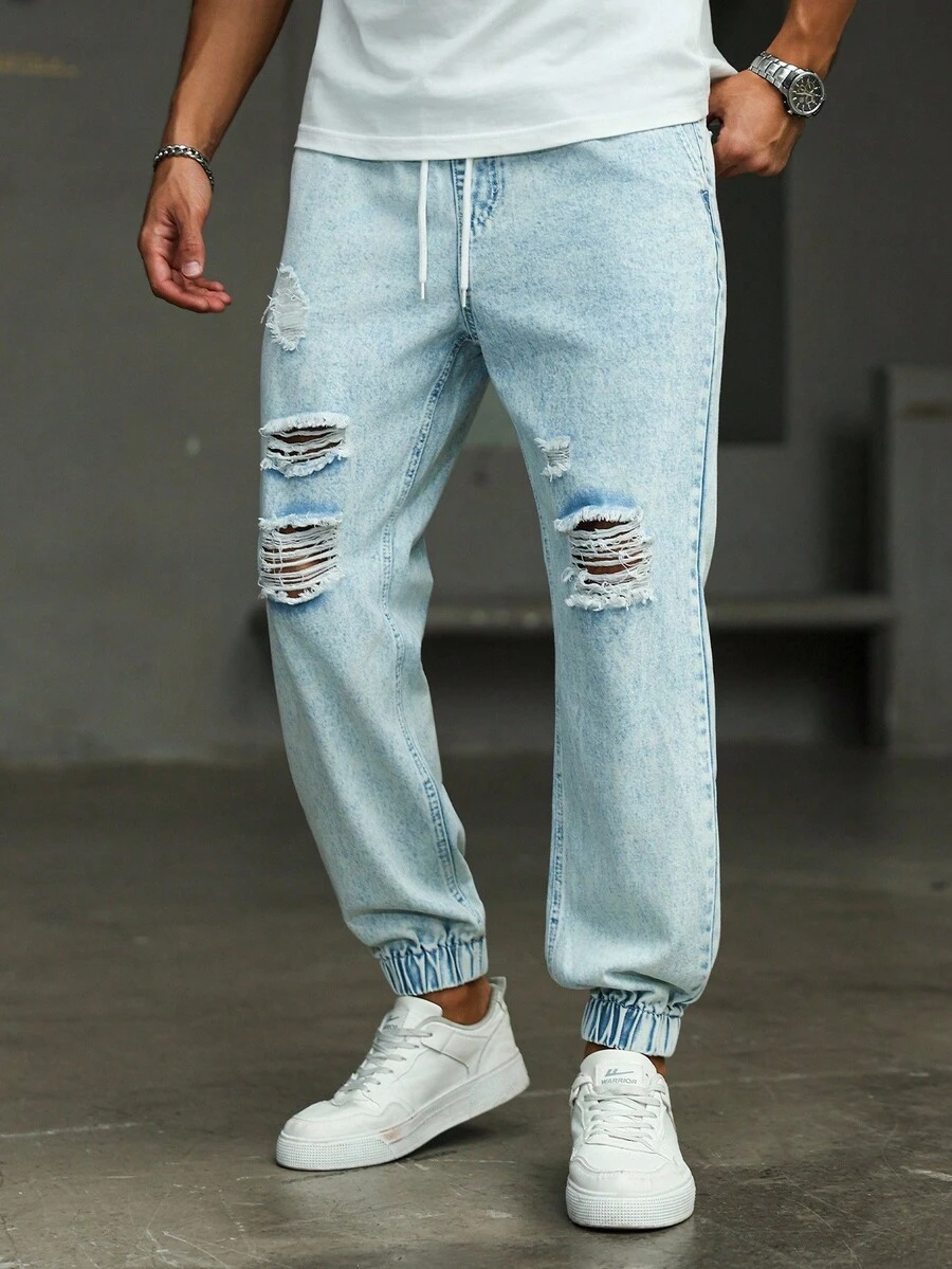 Manfinity Homme Men's Drawstring Waist Pocket Distressed Casual Tapered Jeans