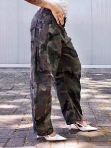 Rayane Ketlyn 女式休闲水洗迷彩喇叭牛仔裤 - 軍綠色 - 查看 3