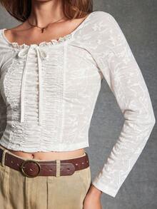 WESTFADE Floral Jacquard Knit Scoop Neck Bow Tie Front Shirred Fitted Long Sleeve Top Fall, Autumn, Winter, Casual, Boho, Holiday, Thanksgiving, New Year, Christmas, Western Wear - Multicolor - View 4