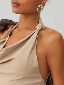 Hauture Vestido Longo Ajustado com Decote Drapeado e Franzido em Cor Sólida para Mulheres - Caqui - Visão 2