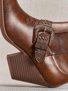 SHUZIA Women's Distressed Pu Brown Brozen Buckle Hardware Block Heel Ankle Booties –Iconic Cowboy Style,Statement Boots For Fall Looks & Festival Fits - Coffee Brown - View 4