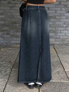 DAZY 女士休闲豹纹牛仔迷你裙，秋季款 - 深色水洗藍 - 查看 2