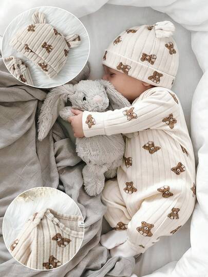 SHEIN 2pcs/Set 0-3 Years Baby Unisex Infant Bear Print Long Sleeve Jumpsuit With 3D Bear Ear Hat 2pcs Set, Knit Fabric, Suitable For Autumn/Winter, Casual Wear, Outings, Vacation Neutral Baby Clothes Baby Jumpsuit With Hat Mocha Baby Clothes Baby Bear Outfit Newborn Knit Outfit Boy Baby Casual Jumpsuit Baby Fall Newborn Suit New Born Neutral Outfit Natural Baby Clothes New Born Neutral Baby Clothes Unisex