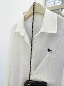 Resyla 女士骑士印花落肩长袖单排扣衬衫，春夏秋季 - 白色 - 查看 8