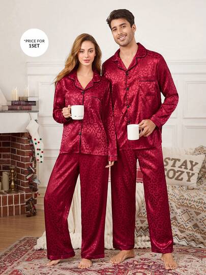 CoupledUp Men's 1set Faux Silk Leopard Print Jacquard Loungewear Set, Christmas, Fall & Winter Clothes