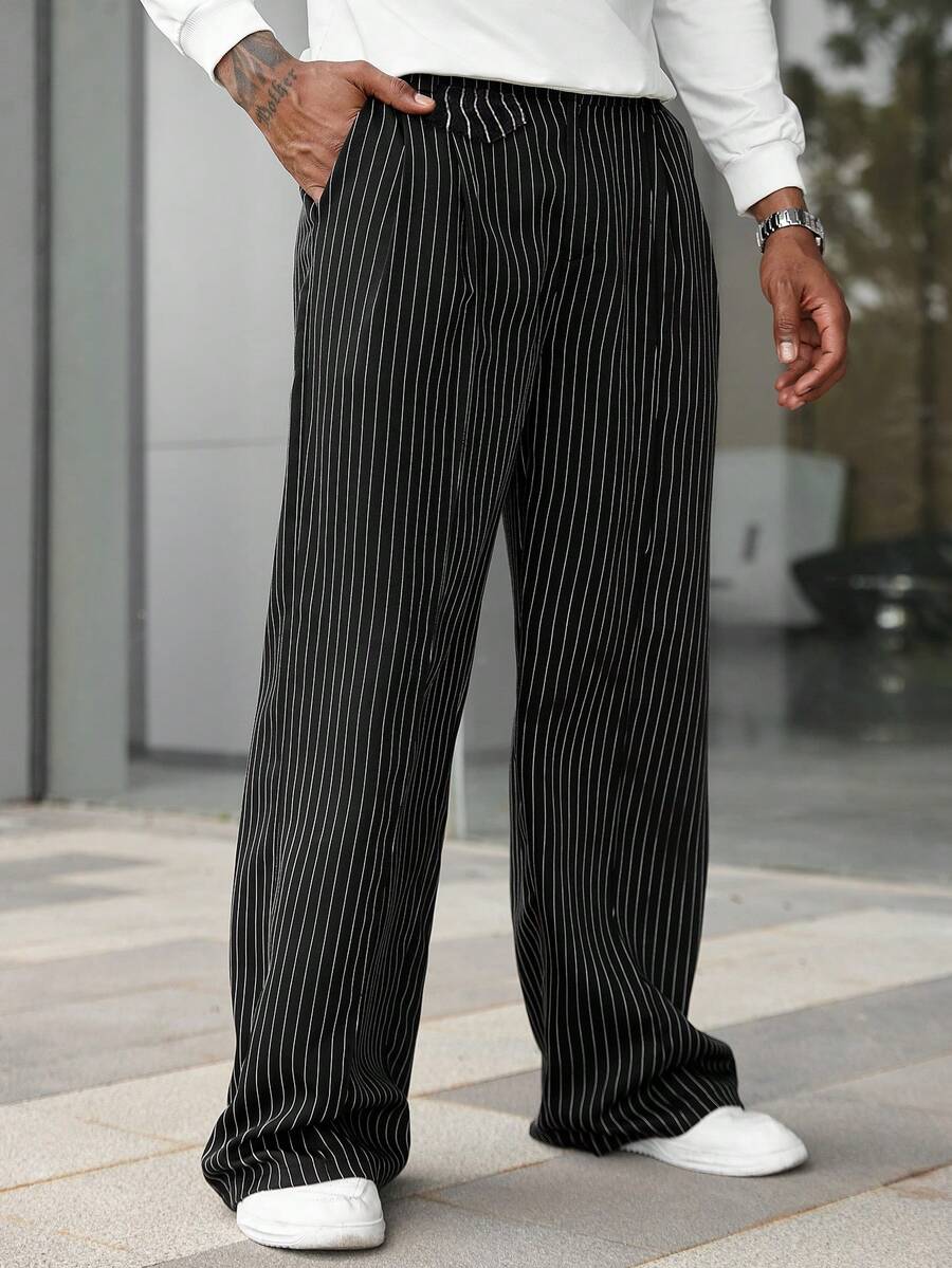 Manfinity CasualCool 男士休闲通勤灯芯绒阔腿裤，饰有多颗纽扣，男士修身裤，男士阔腿裤，男士褶裥裤，男士宽松裤，修身阔腿裤，男友礼物，街头风男装，秋季款。男士阔腿裤，男士褶裥西装裤，男士正装裤，细条纹裤，男士正装裤 - 黑色 - 查看 1