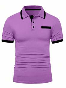 Manfinity Homme Camisa polo masculina casual de manga curta com contraste de cor - Violeta Roxo - Ver 3
